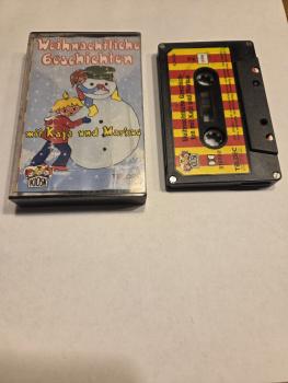 Weihnachtliche Geschichten mit Katja und Markus 5-fach Silber geschraubt Schwarz mit Rot-Gelben Aufkleber 4.24122 Kiosk Teldec(Kassette minimal mit grünen Bunststift bemalt)