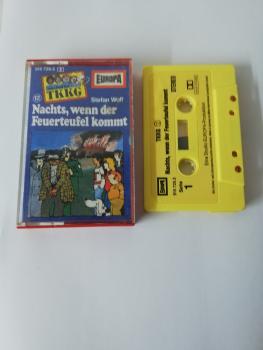 TKKG Folge 12 Nachts, wenn der Feuerteufel kommt Gelb mit Gelben Aufkleber 515729.3 Europa(Kleines Fenster, Namen im Logo voll ausgeschrieben)