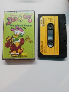 Duck Tales Folge 2 Der goldene Kondor/ Im ewigen Eis Schwarz mit Gelben Aufkleber 837 504-4 Karussell Innencover und Seite 1 der Kassette leicht beschrieben