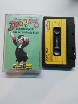 Duck Tales Folge 18 Schattenspiele/ Die verzauberte Stadt Schwarz mit Gelben Aufkleber 841 546-4 Karussell Innencover bemalt, kleiner Riss im Frontcover