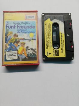 Fünf Freunde Folge 7 verfolgen die Strandräuber 5-fach Silber geschraubt Schwarz mit Gelben Aufkleber 515660.2 Europa Abriss auf Kassettencover Seite 1 und 2