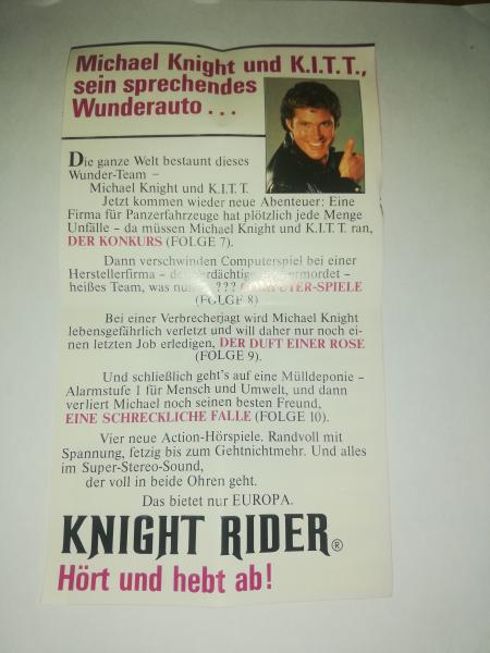 Knight Rider Hörspielkassettenflyer Michael Knight und K.I.T.T  Europa