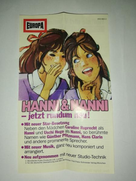 Hanni und Nanni Hörspielkassetten-Flyer Jetzt rundum neu ! 950993.3 Europa