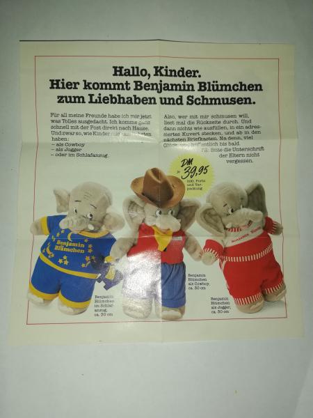 Benjamin Blümchen Flyer Hallo , Kinder. Hier kommt Benjamin Blümchen zum Liebhaben und Schmusen