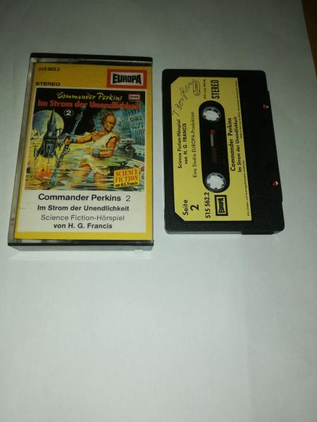 Commander Perkins Folge 2 Im Strom der Unendlichkeit Schwarz mit Beigen Aufkleber 515562.2(Weißes Frontcover)Innencover und Kassette beschrieben