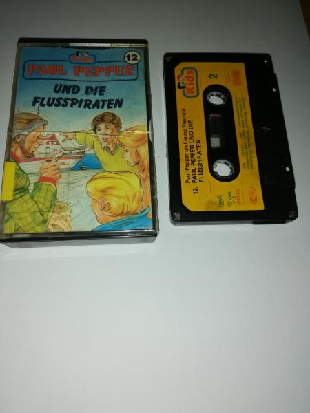 Paul Pepper Folge 12 und die Flusspiraten 5-fach Silber geschraubt Schwarz mit Gelben Aufkleber 112 Bellaphon(Cover geklebt, ehemalige Büchereikassette)
